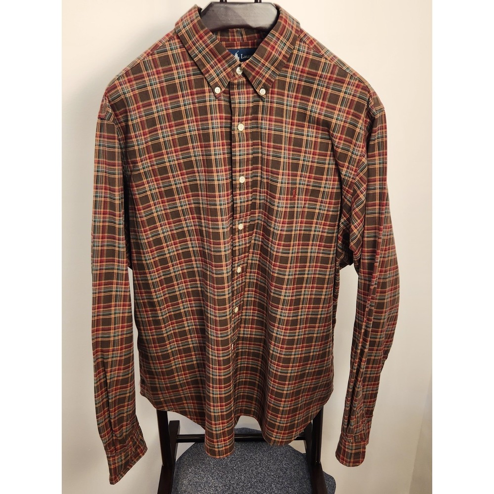 Ralph Lauren Classic Fit Plaid Button Down Shirt Mens XXL Brown Red Teal Pony
